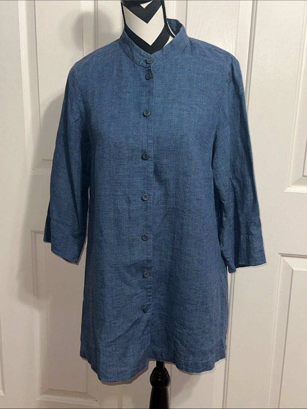 Flax Indigo Blue Mandarin-Collar Linen Button Down Tunic
